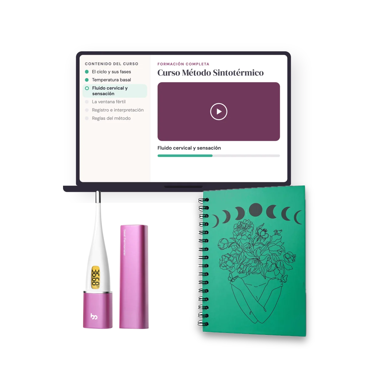 Pack Opción Completa: el Curso Método Sintotérmico en un computador portátil, junto al termómetro basal Vinca II y la Bitácora de Registro.