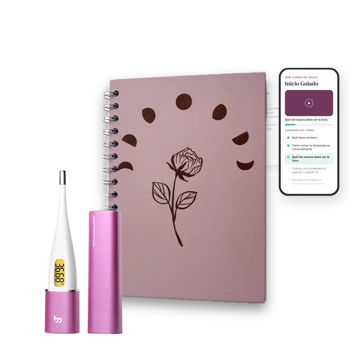 Pack Inicio recomendado de Makuyen: termómetro basal Vinca II rosado, Registro Esencial e Inicio Guiado para empezar a medir, registrar y orientarse en el ciclo menstrual.